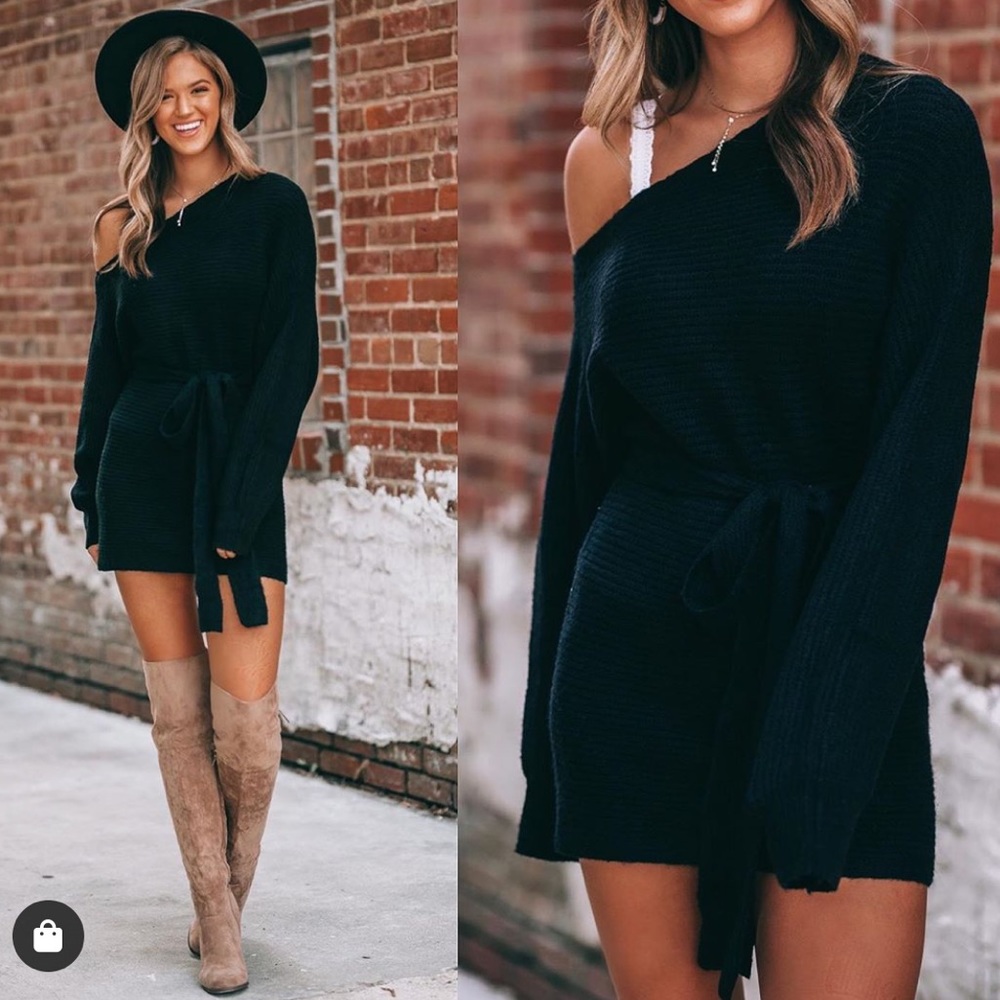 . Warm Hugs Off The Shoulder Black Chunky Knit Belted Mini/Midi Sweater Dress - Picture 5 of 13